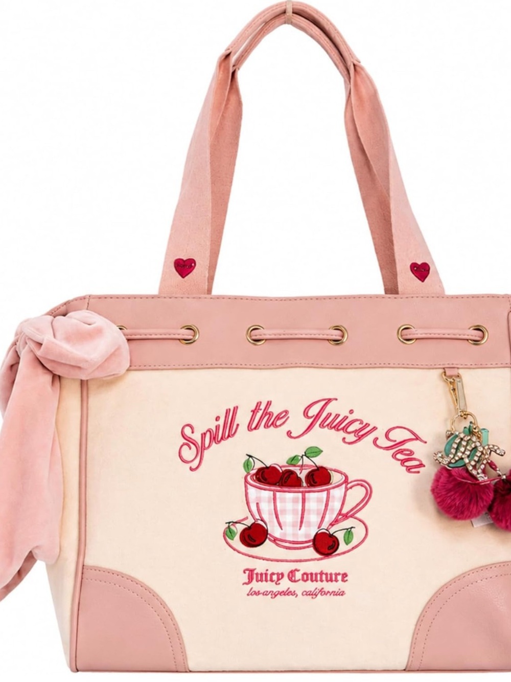 Juicy Couture embroidered velour tote bag with bow accent and cherry charm NWT